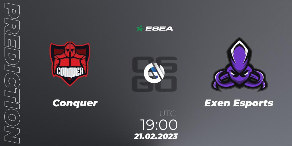 Prognose für das Spiel Conquer VS Exen Esports. 21.02.2023 at 19:00. Counter-Strike (CS2) - ESEA Season 44: Advanced Division - Europe
