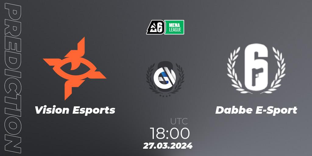 Prognose für das Spiel Vision Esports VS Dabbe E-Sport. 27.03.2024 at 18:00. Rainbow Six - MENA League 2024 - Stage 1