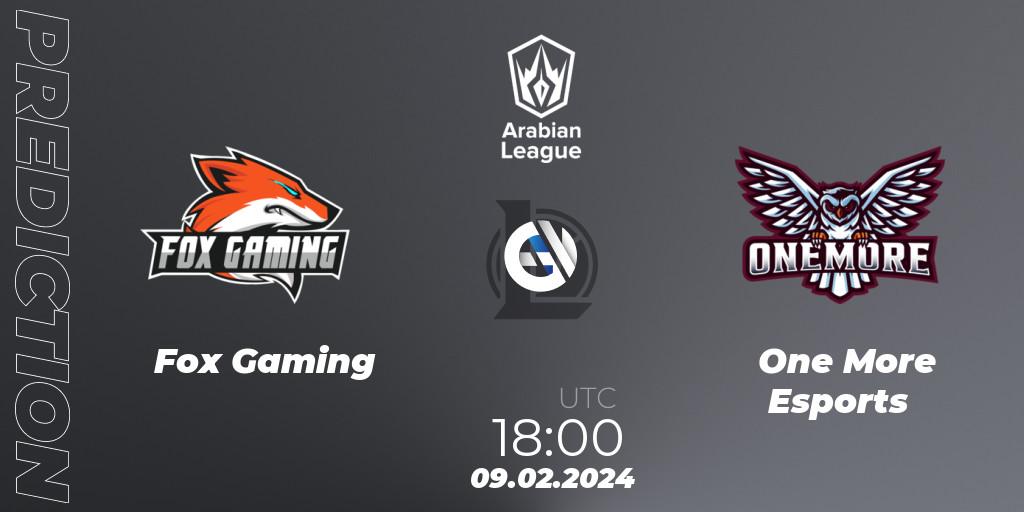 Prognose für das Spiel Fox Gaming VS One More Esports. 09.02.2024 at 18:00. LoL - Arabian League Spring 2024