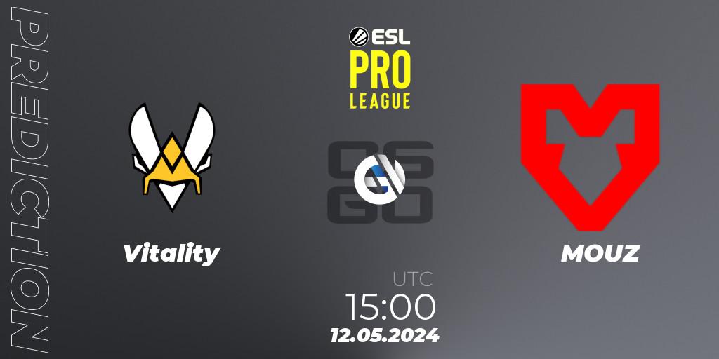 Prognose für das Spiel Vitality VS MOUZ. 12.05.2024 at 15:00. Counter-Strike (CS2) - ESL Pro League Season 19