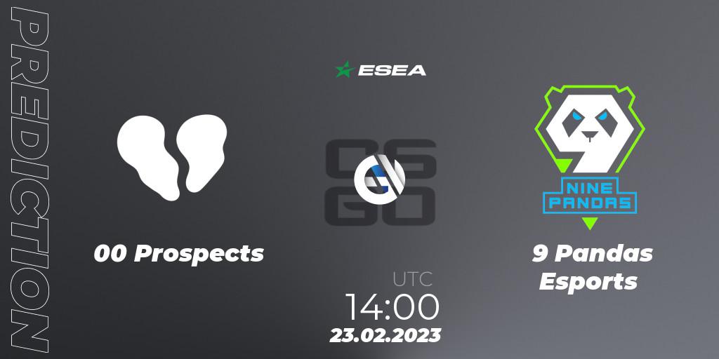 Prognose für das Spiel 00 Prospects VS 9 Pandas Esports. 23.02.2023 at 14:00. Counter-Strike (CS2) - ESEA Season 44: Advanced Division - Europe