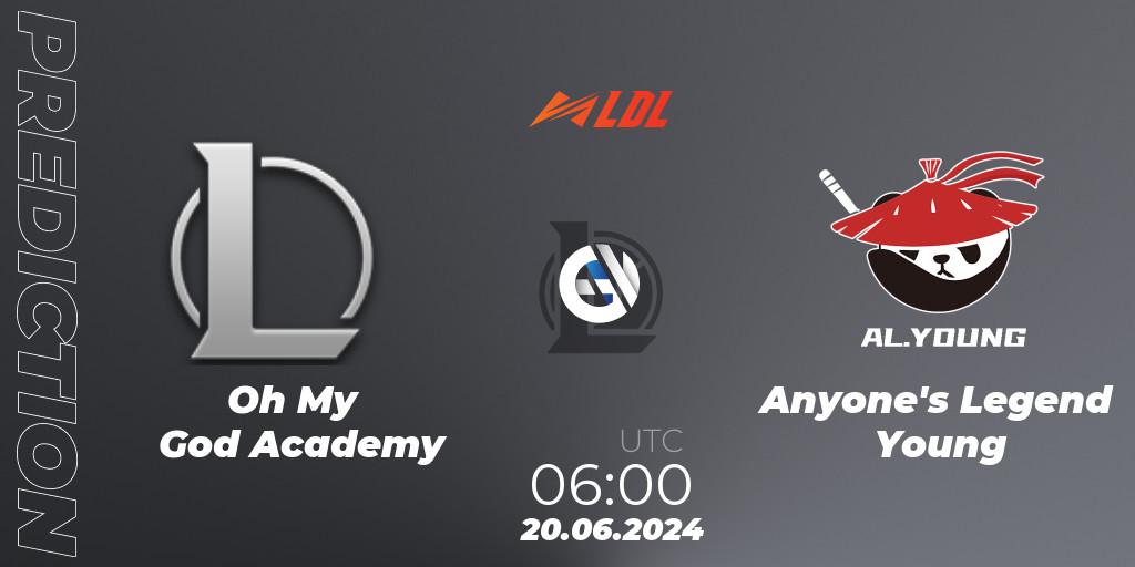 Prognose für das Spiel Oh My God Academy VS Anyone's Legend Young. 20.06.2024 at 06:00. LoL - LDL 2024 - Stage 3