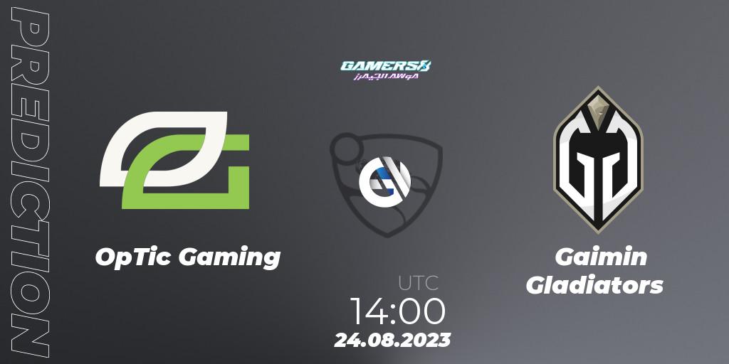 Prognose für das Spiel OpTic Gaming VS Gaimin Gladiators. 24.08.2023 at 14:00. Rocket League - Gamers8 2023