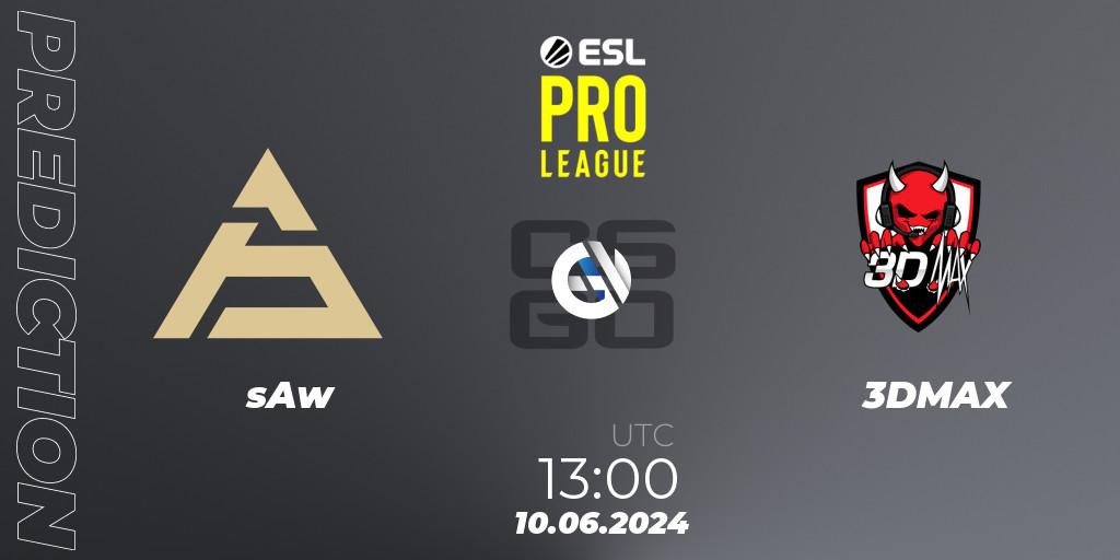 Prognose für das Spiel sAw VS 3DMAX. 10.06.2024 at 13:00. Counter-Strike (CS2) - ESL Pro League Season 20: European Conference