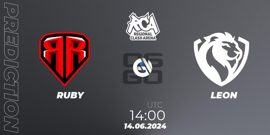 Prognose für das Spiel RUBY VS LEON. 14.06.2024 at 14:00. Counter-Strike (CS2) - Regional Clash Arena Europe