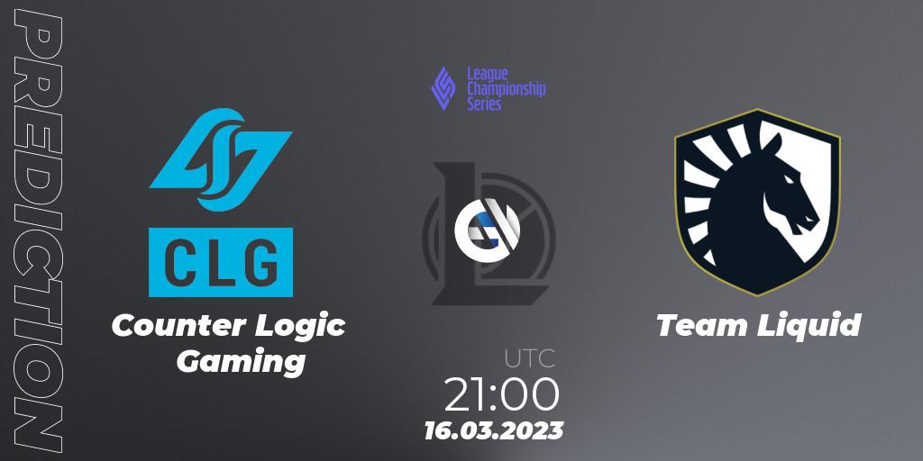 Prognose für das Spiel Counter Logic Gaming VS Team Liquid. 17.03.23. LoL - LCS Spring 2023 - Group Stage