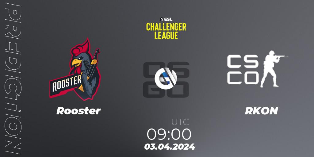 Prognose für das Spiel Rooster VS RKON. 03.04.2024 at 09:00. Counter-Strike (CS2) - ESL Challenger League Season 47: Oceania