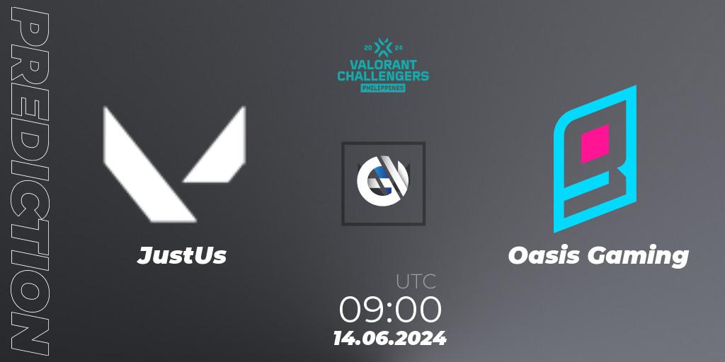 Prognose für das Spiel JustUs VS Oasis Gaming. 14.06.2024 at 09:30. VALORANT - VALORANT Challengers 2024 Philippines: Split 2