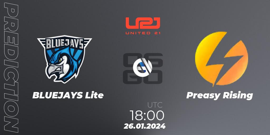 Prognose für das Spiel BLUEJAYS Lite VS Preasy Rising. 26.01.2024 at 18:00. Counter-Strike (CS2) - United21 Season 10: Division 2