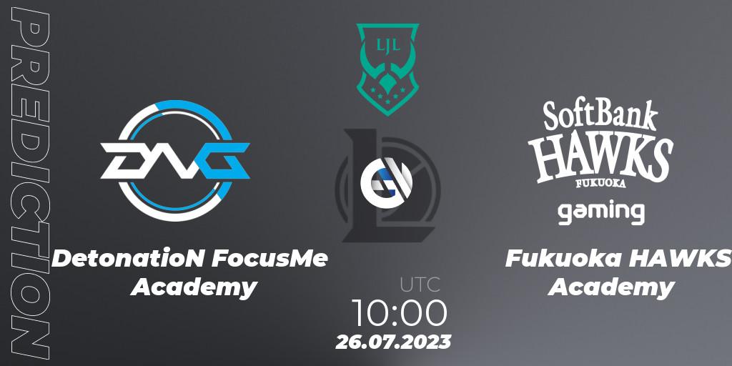 Prognose für das Spiel DetonatioN FocusMe Academy VS Fukuoka HAWKS Academy. 26.07.23. LoL - LJL Academy 2023 - Group Stage