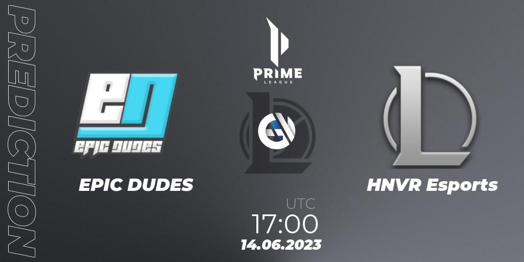 Prognose für das Spiel EPIC DUDES VS HNVR Esports. 14.06.2023 at 17:00. LoL - Prime League 2nd Division Summer 2023