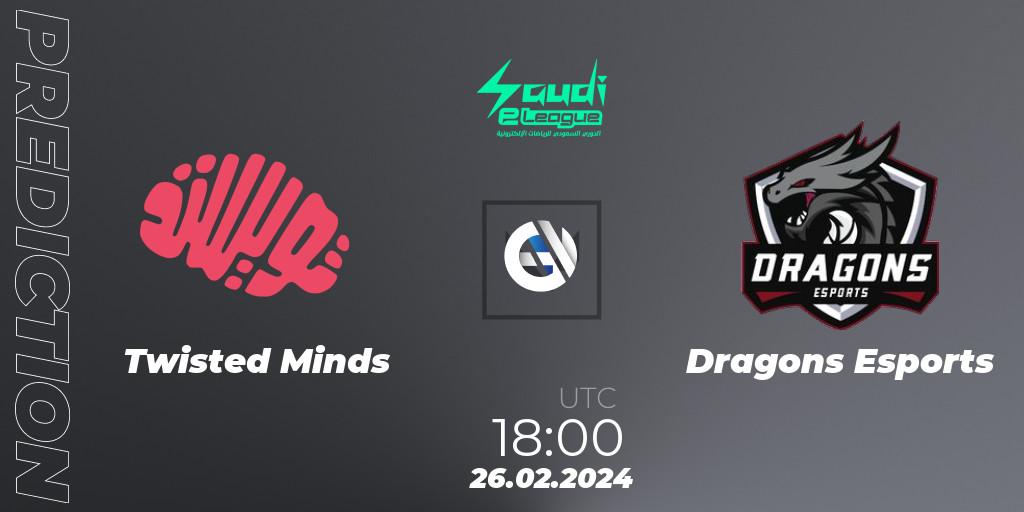Prognose für das Spiel Twisted Minds VS Dragons Esports. 26.02.2024 at 18:00. VALORANT - Saudi eLeague 2024: Major 1