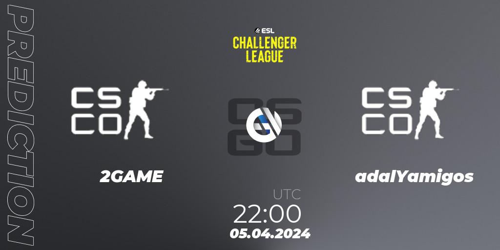 Prognose für das Spiel 2GAME VS adalYamigos. 05.04.2024 at 22:00. Counter-Strike (CS2) - ESL Challenger League Season 47: South America
