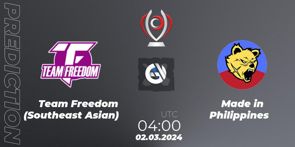 Prognose für das Spiel Team Freedom (Southeast Asian) VS Made in Philippines. 02.03.2024 at 04:05. Dota 2 - Opus League
