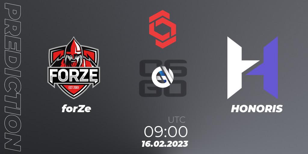 Prognose für das Spiel forZe VS HONORIS. 16.02.2023 at 09:00. Counter-Strike (CS2) - CCT Central Europe Series Finals #1
