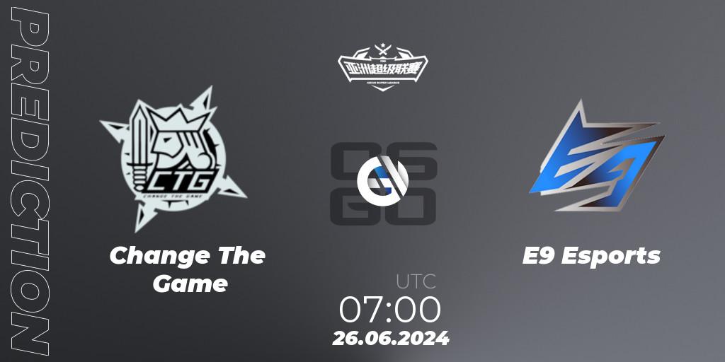 Prognose für das Spiel Change The Game VS E9 Esports. 26.06.2024 at 07:00. Counter-Strike (CS2) - Asian Super League Season 4: Preliminary Stage