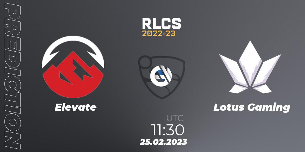 Prognose für das Spiel Elevate VS Lotus Gaming. 25.02.2023 at 11:30. Rocket League - RLCS 2022-23 - Winter: Asia-Pacific Regional 3 - Winter Invitational