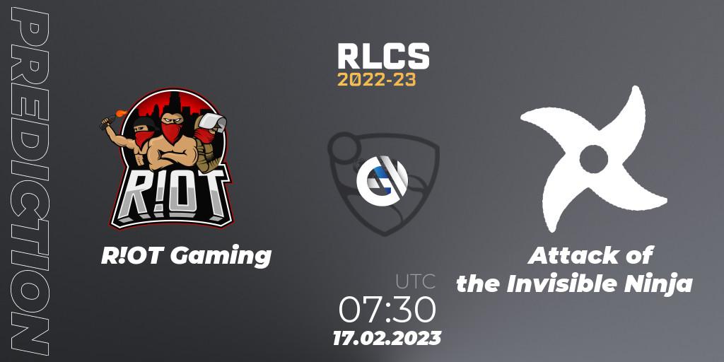 Prognose für das Spiel R!OT Gaming VS Attack of the Invisible Ninja. 17.02.2023 at 07:30. Rocket League - RLCS 2022-23 - Winter: Oceania Regional 2 - Winter Cup