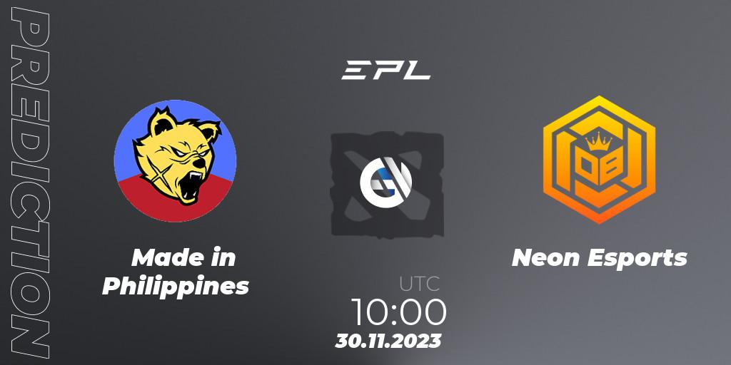 Prognose für das Spiel Made in Philippines VS Neon Esports. 30.11.2023 at 09:59. Dota 2 - EPL World Series: Southeast Asia Season 1