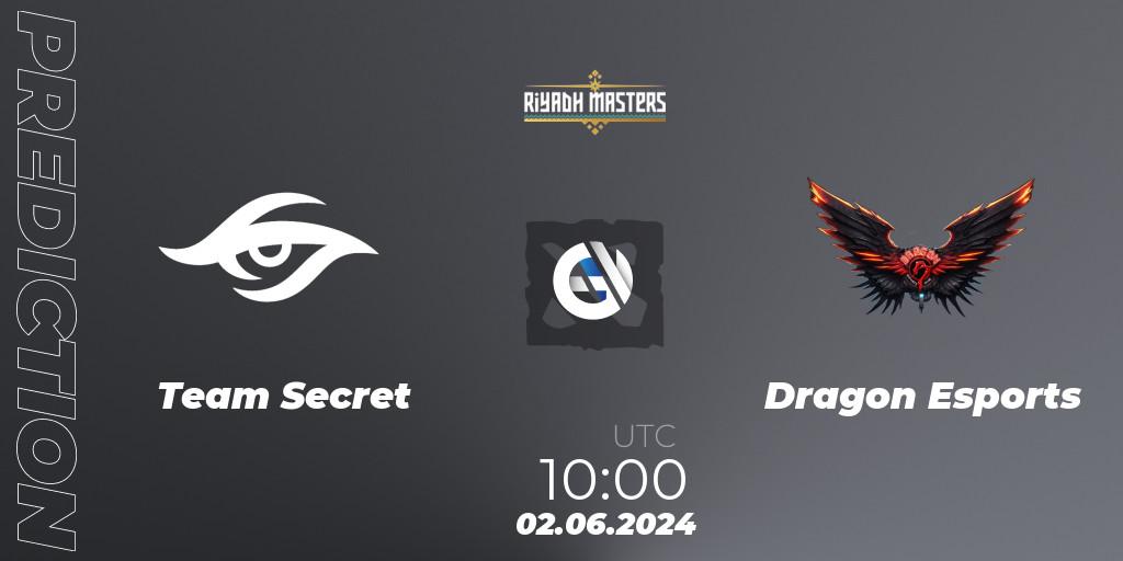 Prognose für das Spiel Team Secret VS Dragon Esports. 02.06.2024 at 10:00. Dota 2 - Riyadh Masters 2024: Western Europe Closed Qualifier