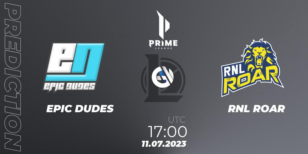 Prognose für das Spiel EPIC DUDES VS RNL ROAR. 11.07.2023 at 17:00. LoL - Prime League 2nd Division Summer 2023