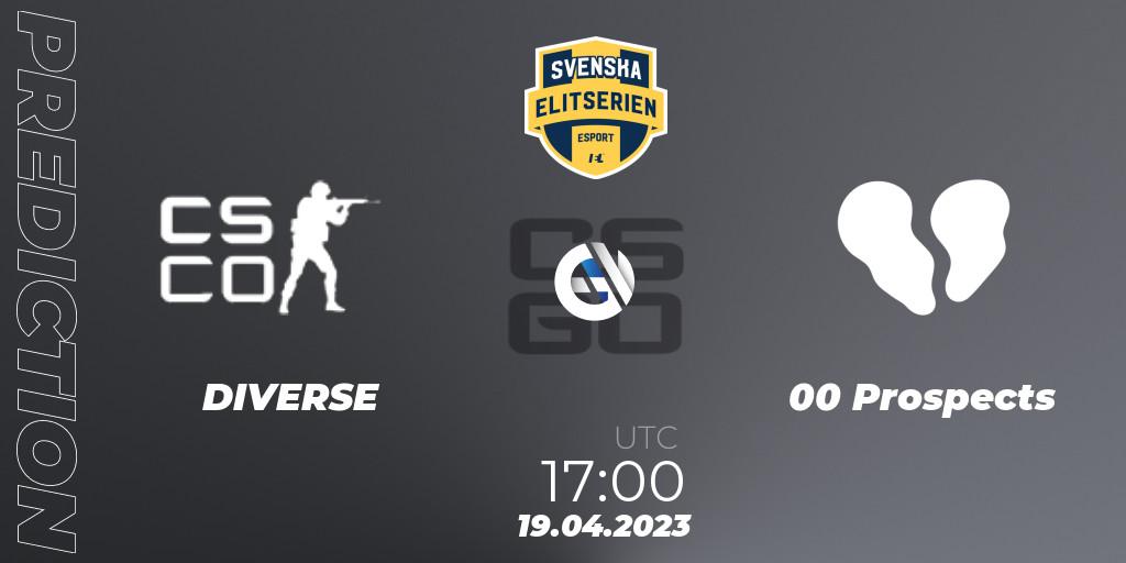 Prognose für das Spiel DIVERSE VS 00 Prospects. 19.04.2023 at 17:00. Counter-Strike (CS2) - Svenska Elitserien Spring 2023: Online Stage