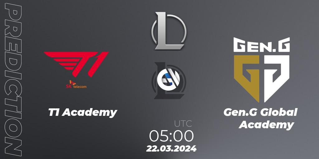 Prognose für das Spiel T1 Academy VS Gen.G Global Academy. 22.03.2024 at 05:00. LoL - LCK Challengers League 2024 Spring - Group Stage