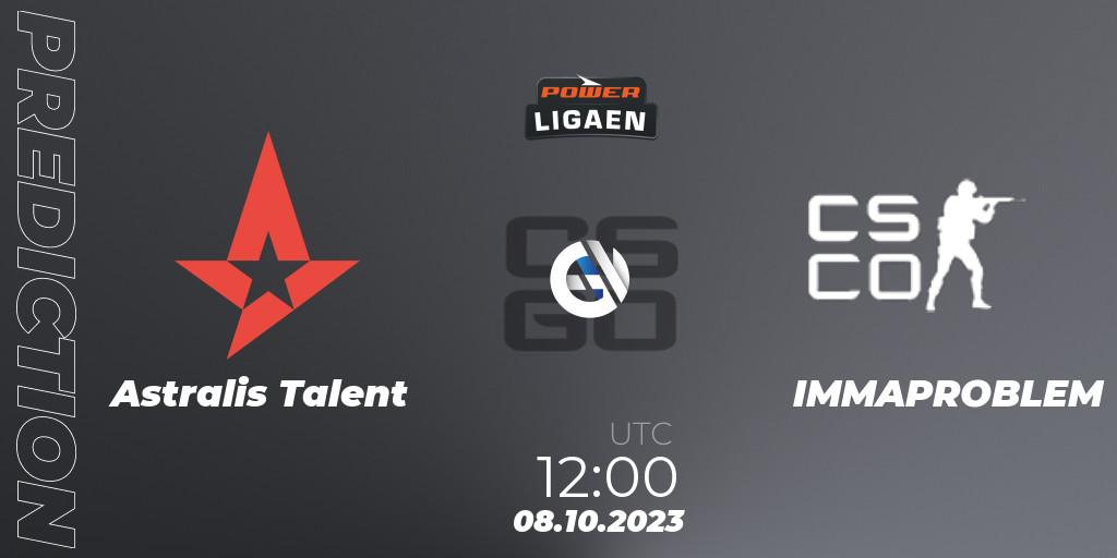Prognose für das Spiel Astralis Talent VS IMMAPROBLEM. 08.10.2023 at 12:00. Counter-Strike (CS2) - POWER Ligaen Season 24 Finals