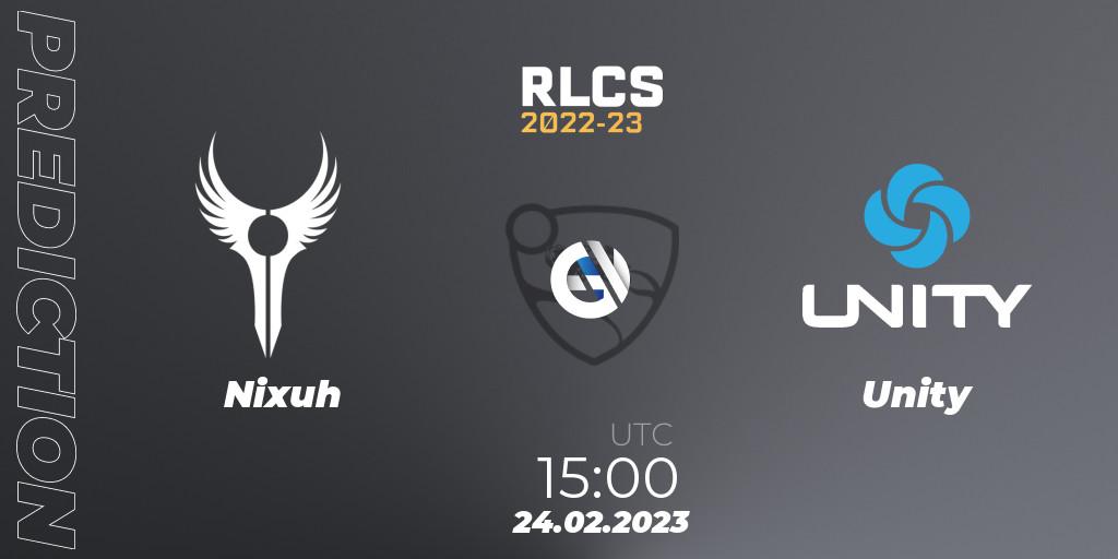 Prognose für das Spiel Nixuh VS Unity. 24.02.2023 at 15:00. Rocket League - RLCS 2022-23 - Winter: Sub-Saharan Africa Regional 3 - Winter Invitational