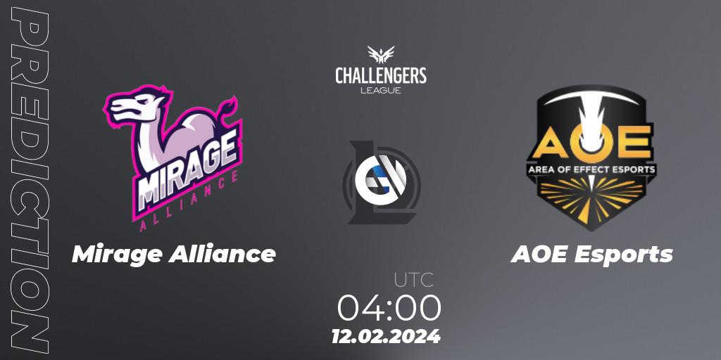 Prognose für das Spiel Mirage Alliance VS AOE Esports. 12.02.2024 at 04:00. LoL - NACL 2024 Spring - Group Stage