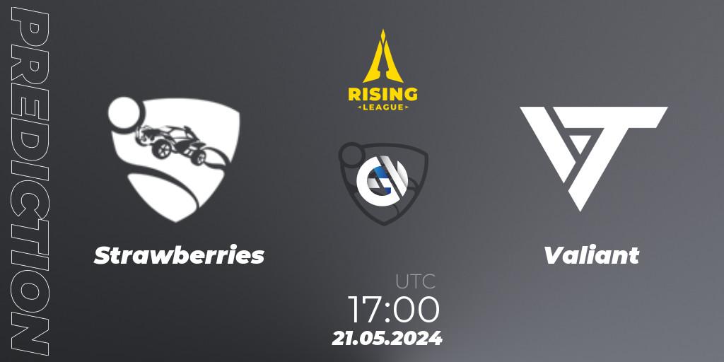 Prognose für das Spiel Strawberries VS Valiant. 21.05.2024 at 17:00. Rocket League - Rising League 2024 — Split 1 — Main Event