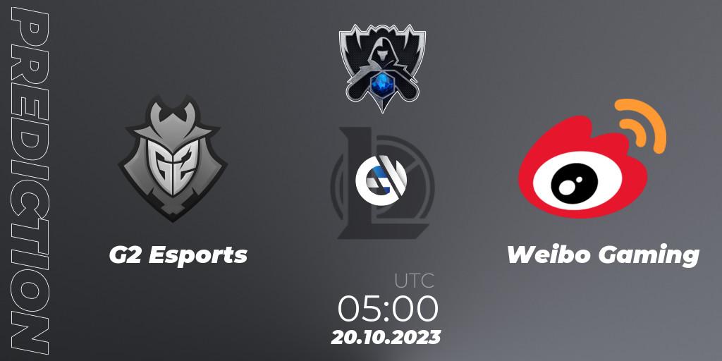 Prognose für das Spiel G2 Esports VS Weibo Gaming. 20.10.2023 at 10:20. LoL - Worlds 2023 LoL - Group Stage