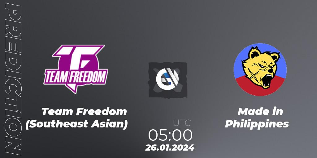 Prognose für das Spiel Team Freedom (Southeast Asian) VS Made in Philippines. 28.01.2024 at 06:59. Dota 2 - New Year Cup 2024
