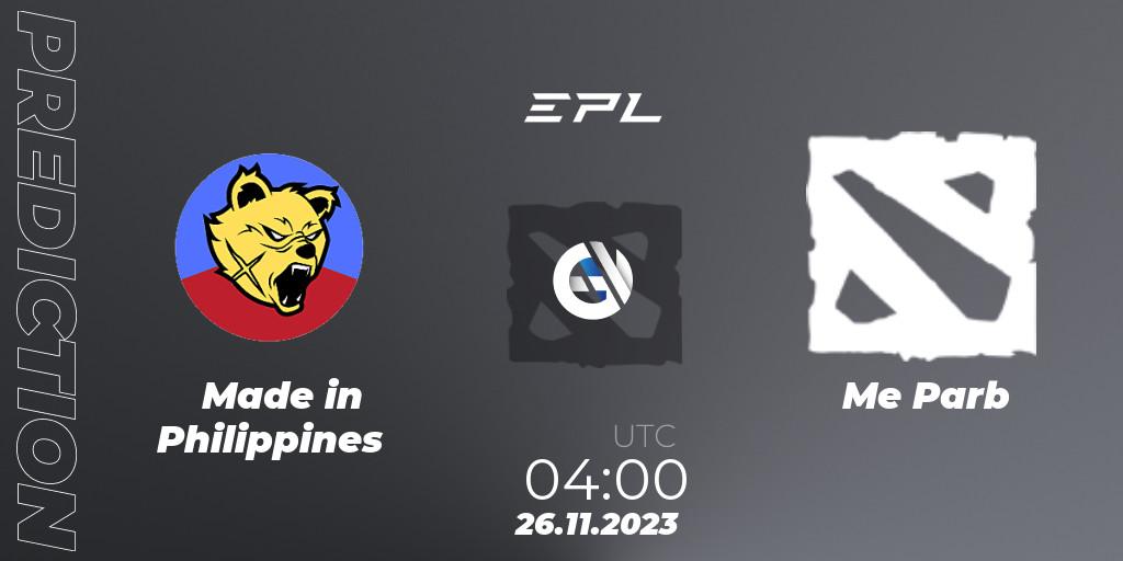 Prognose für das Spiel Made in Philippines VS Me Parb. 03.12.2023 at 07:00. Dota 2 - EPL World Series: Southeast Asia Season 1