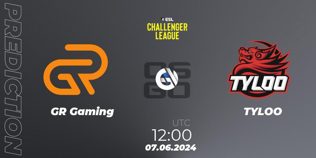 Prognose für das Spiel GR Gaming VS TYLOO. 07.06.2024 at 12:00. Counter-Strike (CS2) - ESL Challenger League Season 47: Asia
