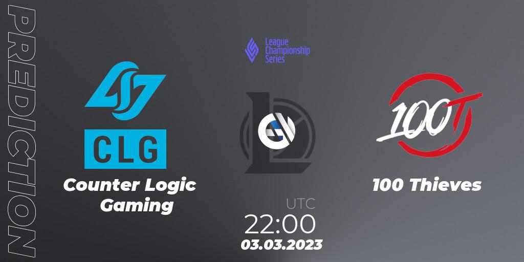 Prognose für das Spiel Counter Logic Gaming VS 100 Thieves. 03.03.23. LoL - LCS Spring 2023 - Group Stage