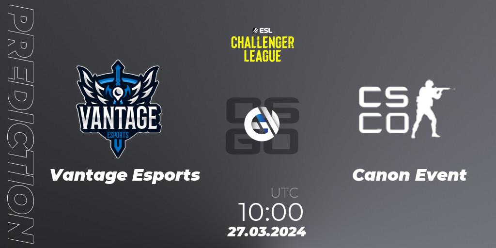Prognose für das Spiel Vantage Esports VS Canon Event. 27.03.2024 at 10:00. Counter-Strike (CS2) - ESL Challenger League Season 47: Oceania