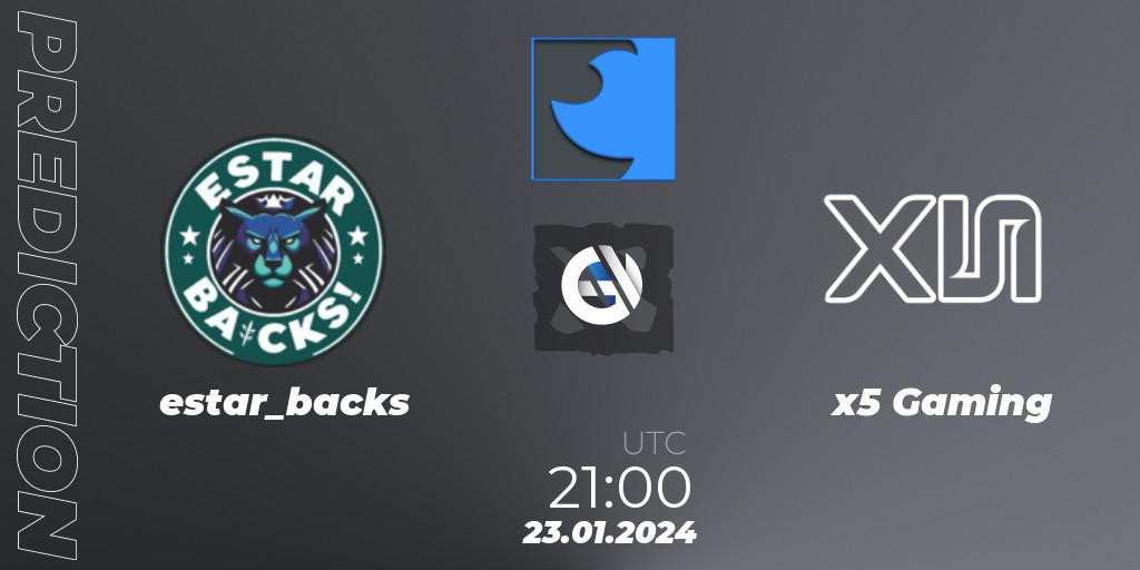 Prognose für das Spiel estar_backs VS x5 Gaming. 23.01.2024 at 21:29. Dota 2 - FastInvitational DotaPRO Season 2