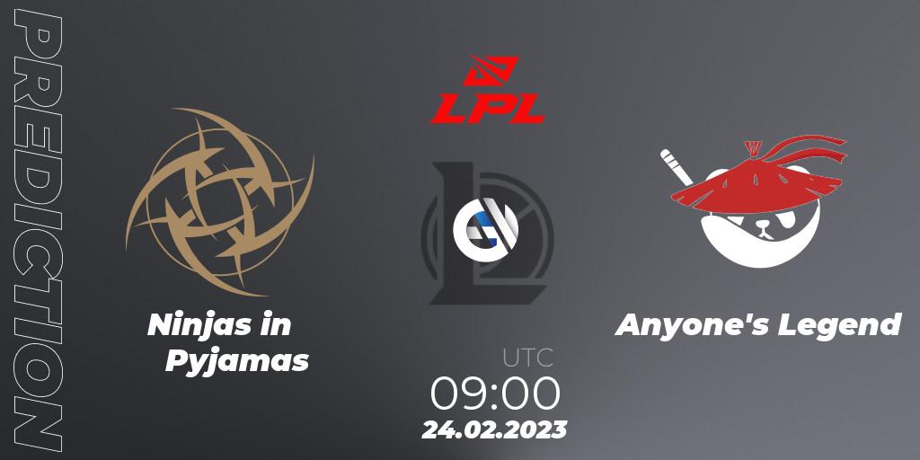 Prognose für das Spiel Ninjas in Pyjamas VS Anyone's Legend. 24.02.2023 at 09:00. LoL - LPL Spring 2023 - Group Stage