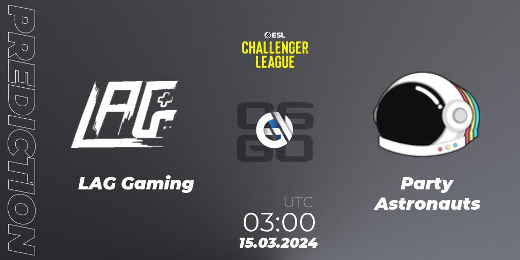 Prognose für das Spiel LAG Gaming VS Party Astronauts. 09.05.2024 at 02:00. Counter-Strike (CS2) - ESL Challenger League Season 47: North America
