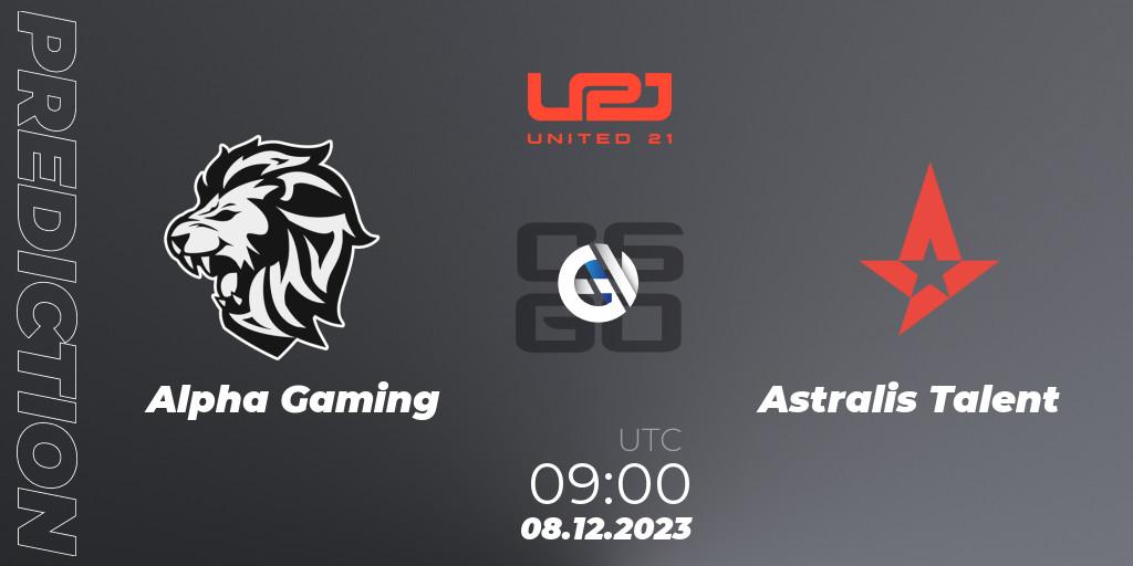 Prognose für das Spiel Alpha Gaming VS Astralis Talent. 08.12.2023 at 09:00. Counter-Strike (CS2) - United21 Season 9