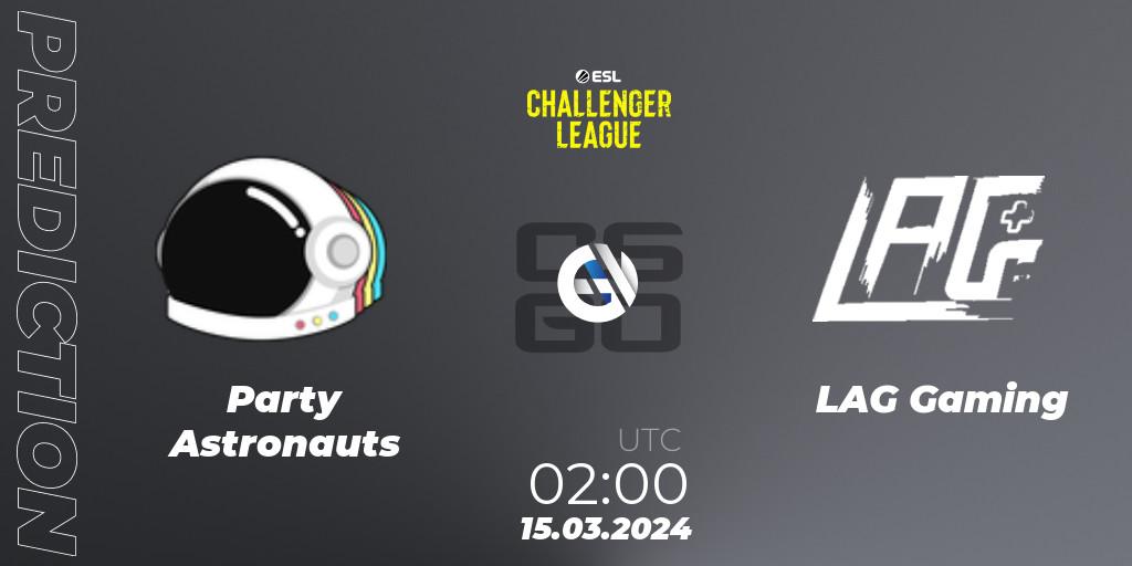 Prognose für das Spiel Party Astronauts VS LAG Gaming. 09.05.2024 at 01:00. Counter-Strike (CS2) - ESL Challenger League Season 47: North America