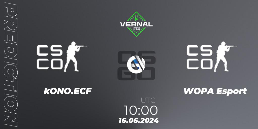 Prognose für das Spiel kONO.ECF VS WOPA Esport. 16.06.2024 at 10:00. Counter-Strike (CS2) - ITES Vernal