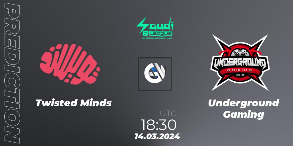 Prognose für das Spiel Twisted Minds VS Underground Gaming. 14.03.2024 at 18:30. VALORANT - Saudi eLeague 2024: Major 1