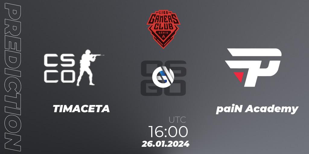 Prognose für das Spiel TIMACETA VS paiN Academy. 26.01.24. CS2 (CS:GO) - Gamers Club Liga Série A: January 2024