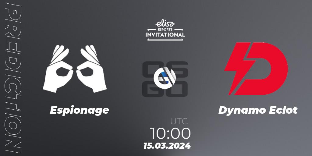 Prognose für das Spiel Espionage VS Dynamo Eclot. 15.03.2024 at 10:00. Counter-Strike (CS2) - Elisa Invitational Spring 2024 Contenders