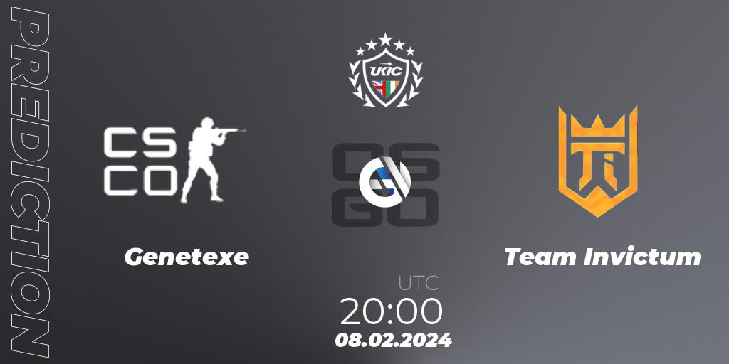 Prognose für das Spiel Genetexe VS Team Invictum. 08.02.2024 at 20:00. Counter-Strike (CS2) - UKIC League Season 1: Division 1