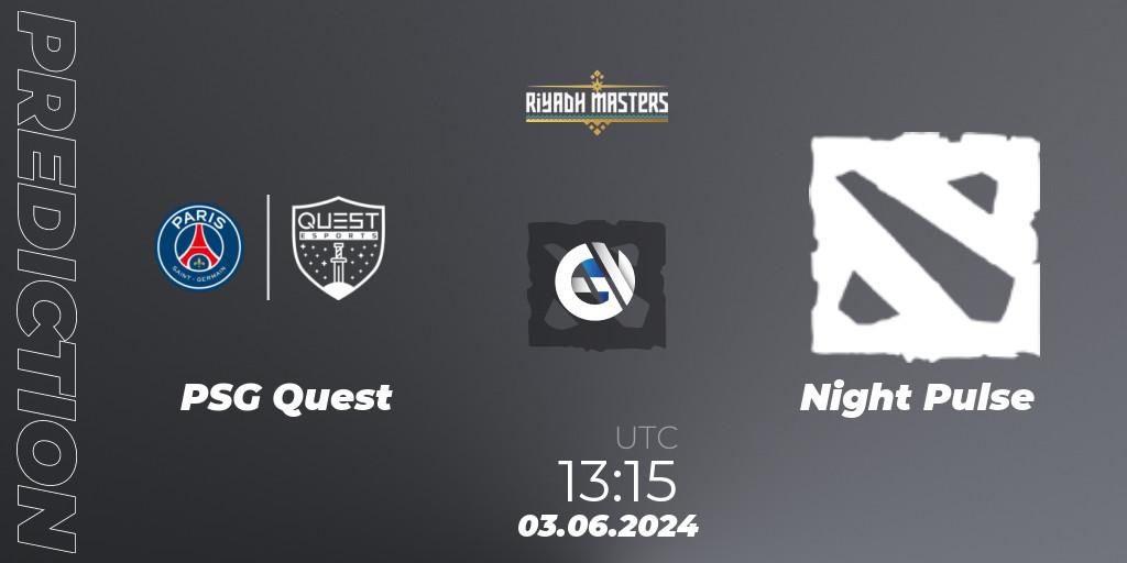 Prognose für das Spiel PSG Quest VS Night Pulse. 03.06.2024 at 13:15. Dota 2 - Riyadh Masters 2024: MENA Closed Qualifier