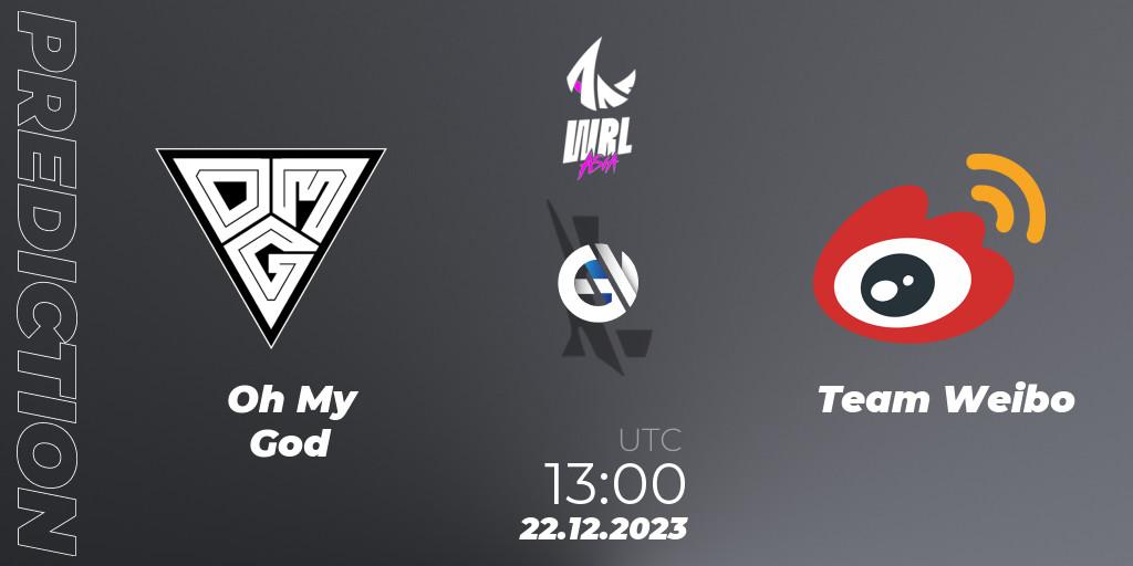 Prognose für das Spiel Oh My God VS Team Weibo. 22.12.2023 at 13:00. Wild Rift - WRL Asia 2023 - Season 2 - Regular Season