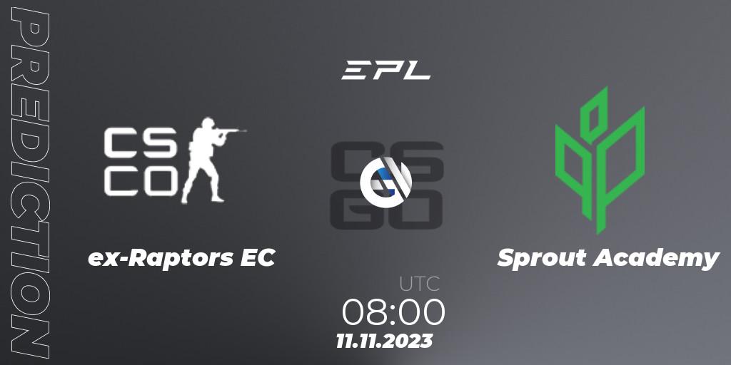 Prognose für das Spiel ex-Raptors EC VS Sprout Academy. 11.11.2023 at 09:00. Counter-Strike (CS2) - European Pro League Season 12: Division 2
